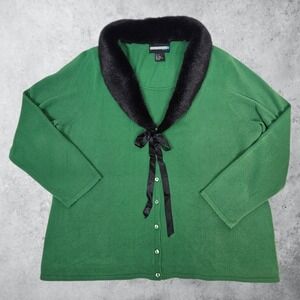 Requirements Woman Green Cardigan Sweater Faux Fur Collar Ribbon Tie 1X Mob Wife